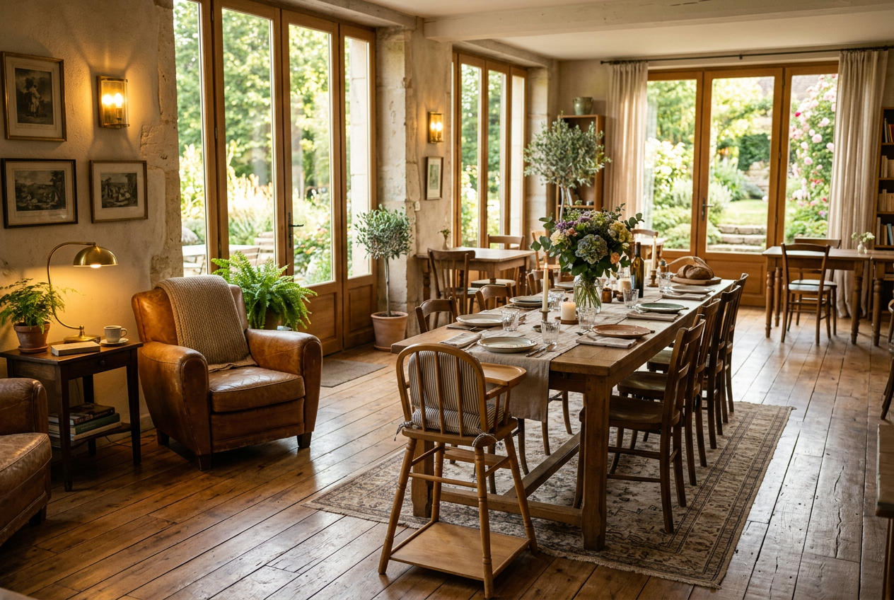 A hotel lounge and dining room with a long laid table, a high chair and garden doors