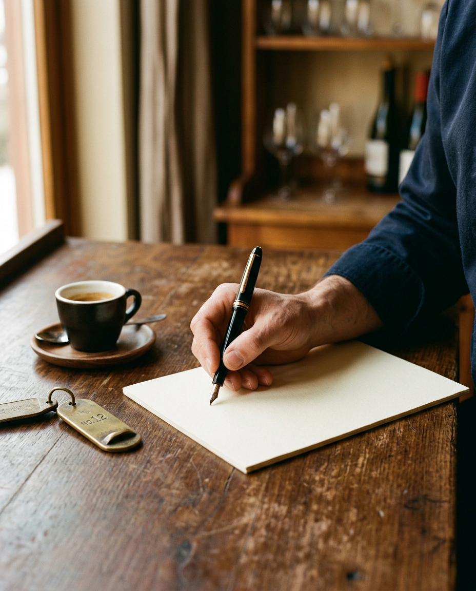 A hand writing with a fountain pen on cream paper beside an espresso and a brass room key