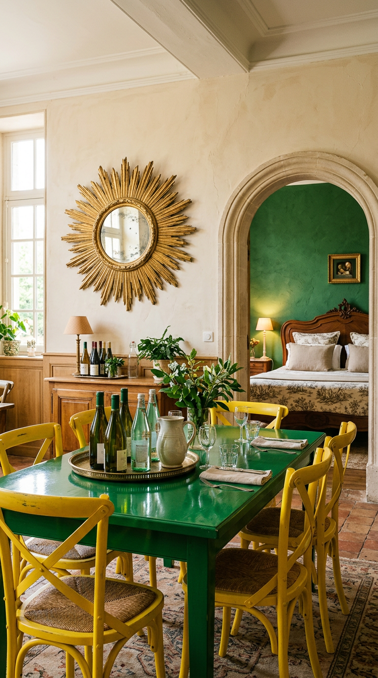 A dining room with a green table, yellow chairs and a gilded sunburst mirror