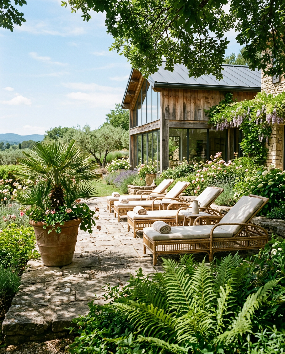 A hotel terrace with rattan loungers among ferns and a terracotta pot