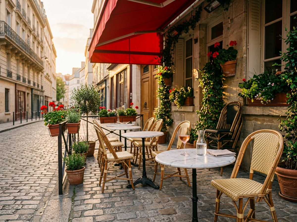 A Parisian bistro terrace with marble tables, rattan chairs and a red awning