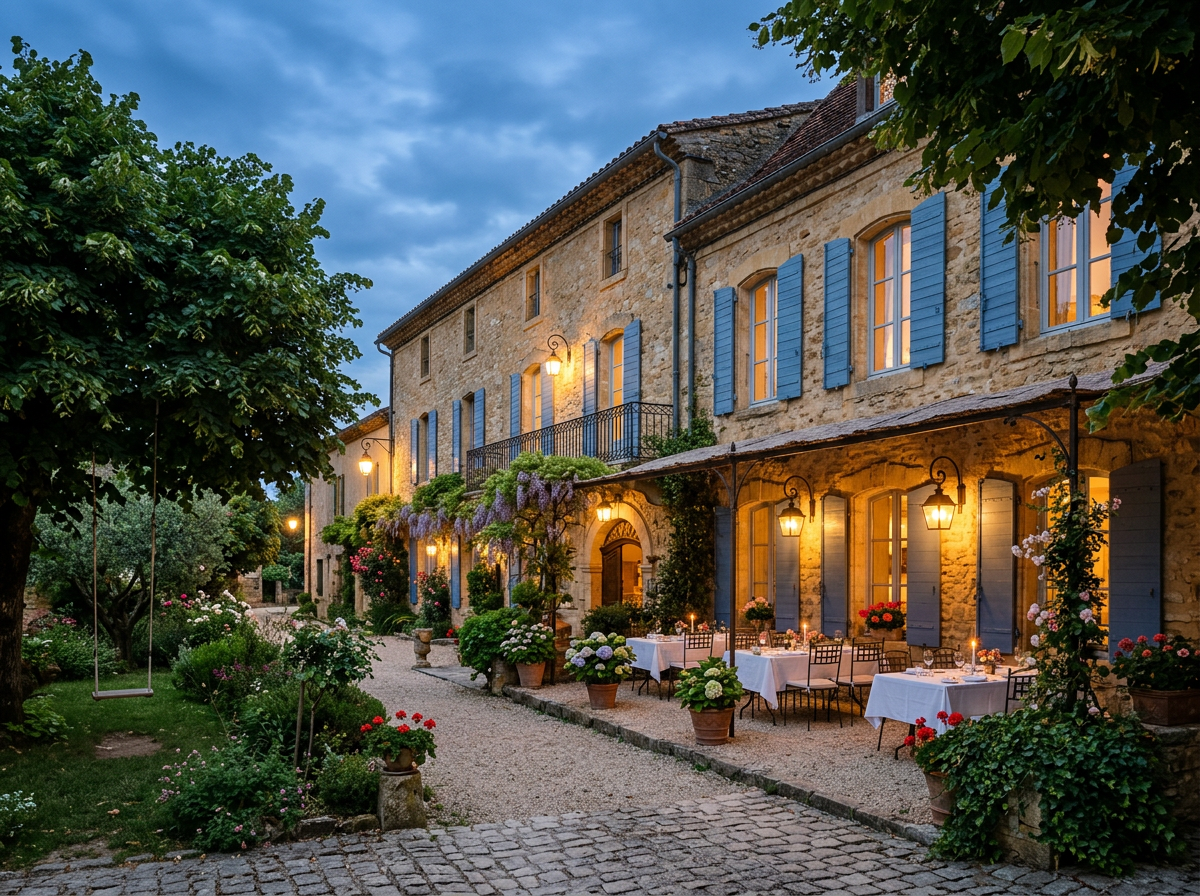A stone country hotel at dusk with blue shutters, lanterns and laid tables in the courtyard