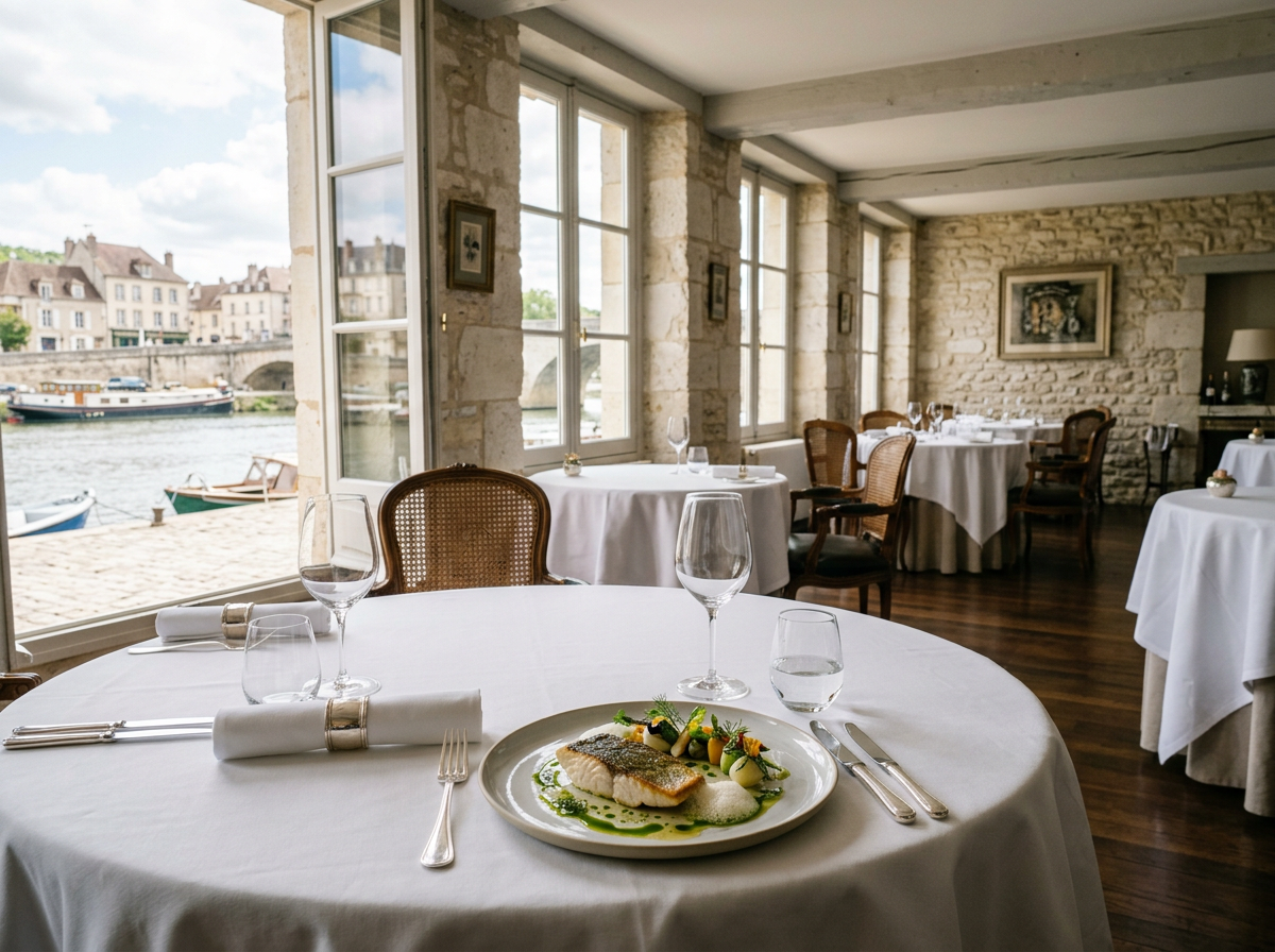 A set round table by a river window with a plated fish dish and white linen