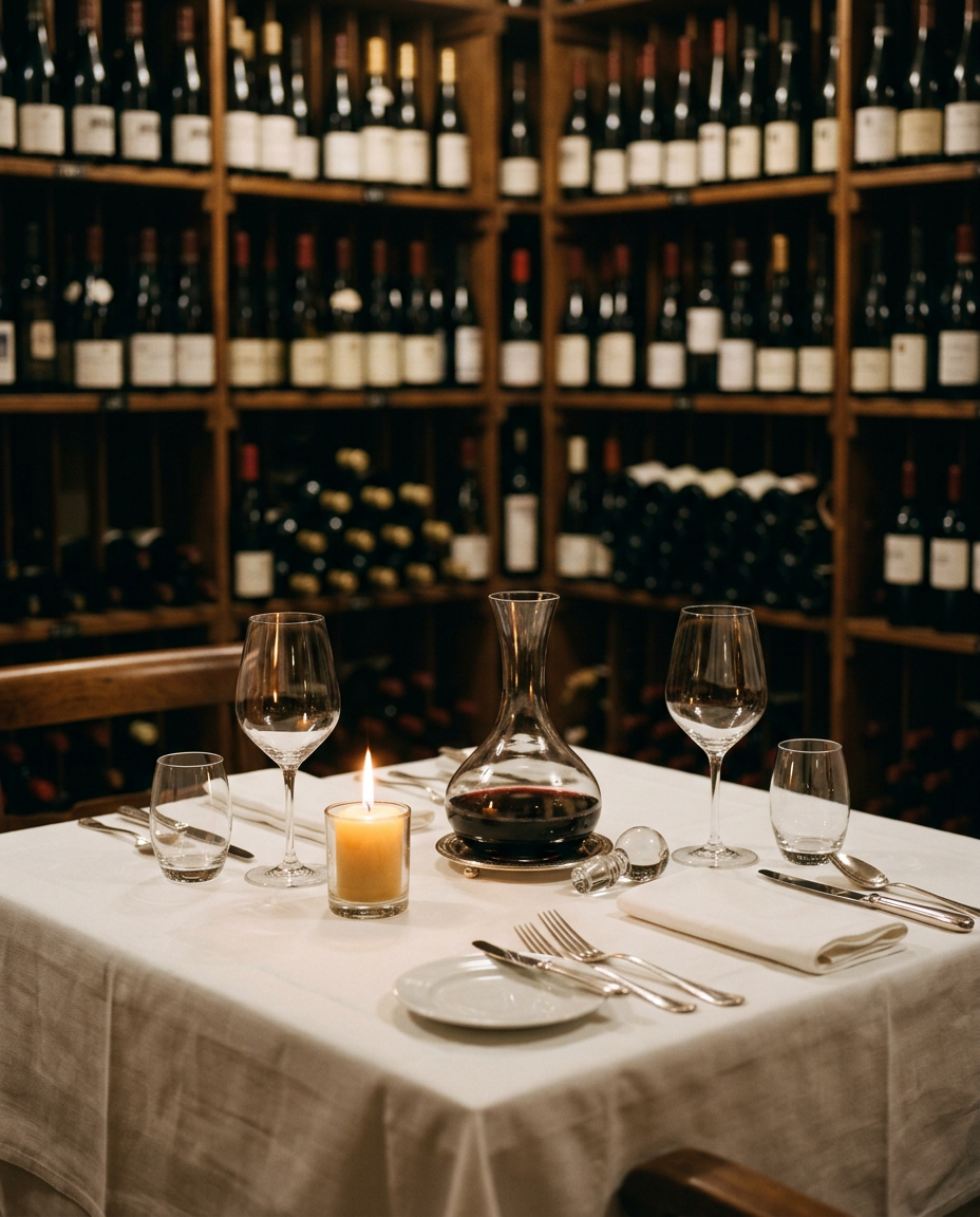 A set table in front of a wall of wine bottles, with a decanter and a candle