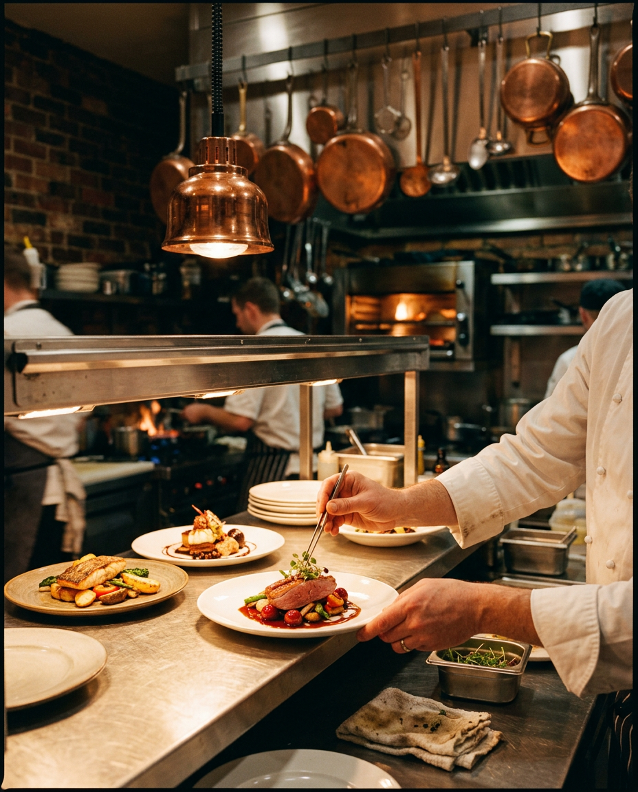 A chef's hands finishing a plate at the pass of a restaurant kitchen
